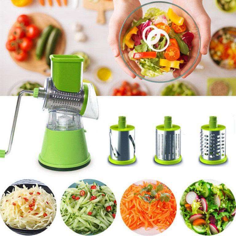 Manual 3-in-1 Rotary Food Processor, Manual Cheese Drum Grater, Hand-Powered Meat Grinder Slicer, Easy to Clean Oriental Kitchen Appliance with 3 Drum