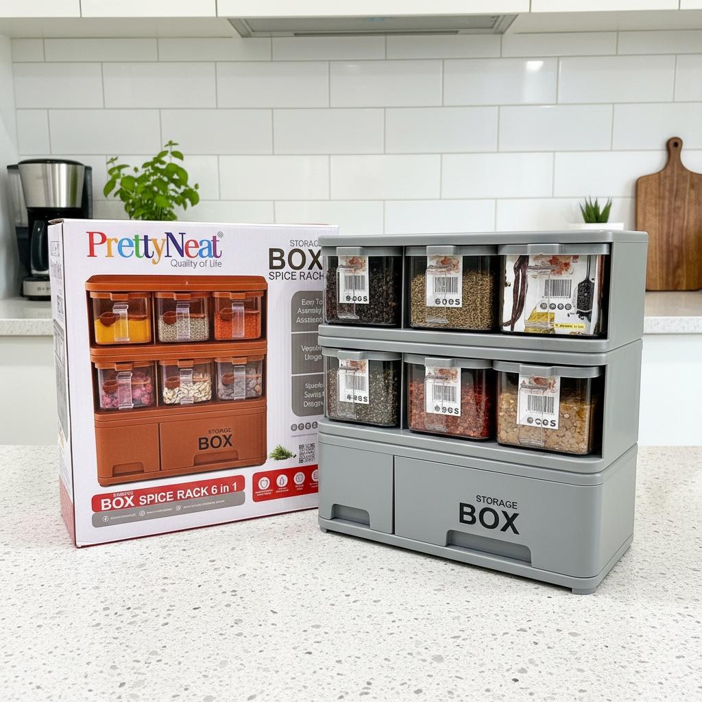 6-in-1 Spice Rack Organizer with Storage Box – Kitchen Spice Jar Holder