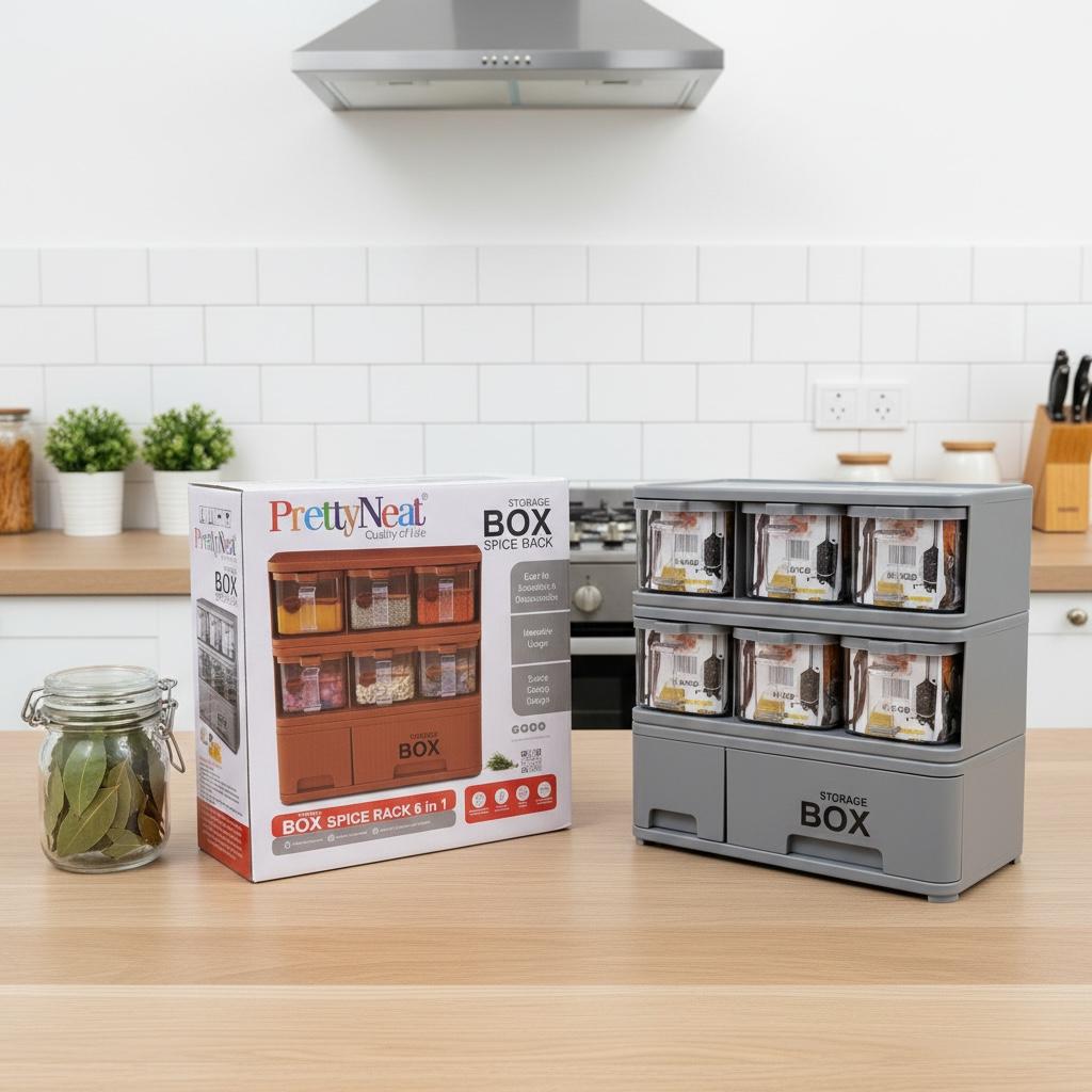 6-in-1 Spice Rack Organizer with Storage Box – Kitchen Spice Jar Holder