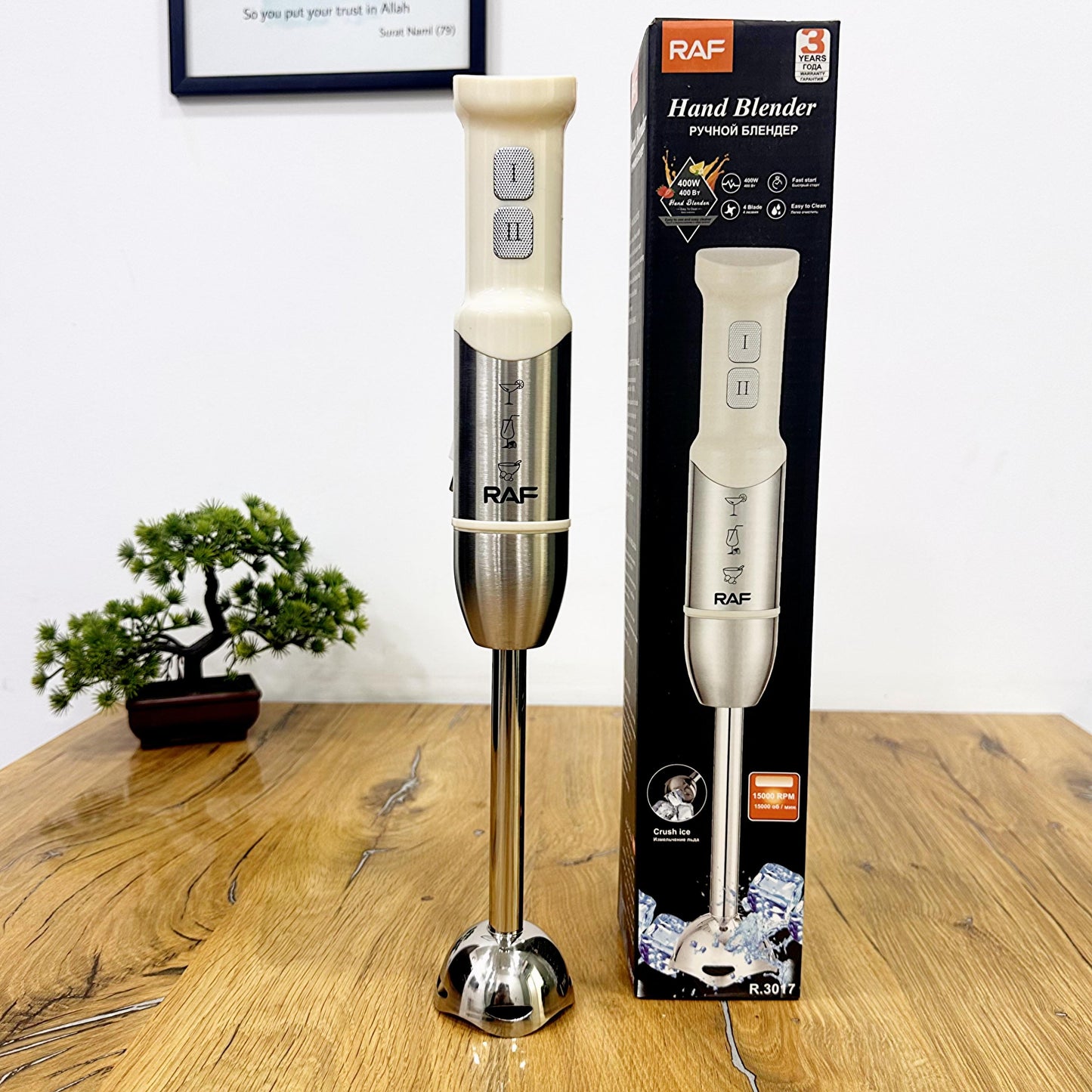 A silver and cream hand blender with a stainless steel blade base stands next to its black retail box on a wooden table. The background is a white wall with a small potted bonsai tree and a framed quote.