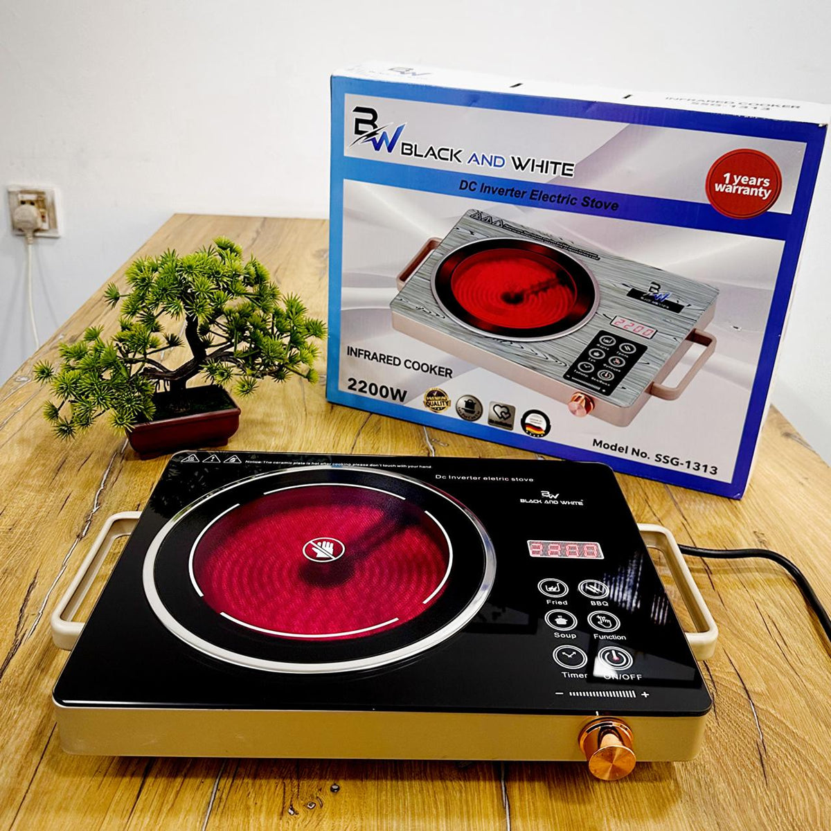 Black and White Electric Ceramic Stove | Infrared Induction | 2200 Watts