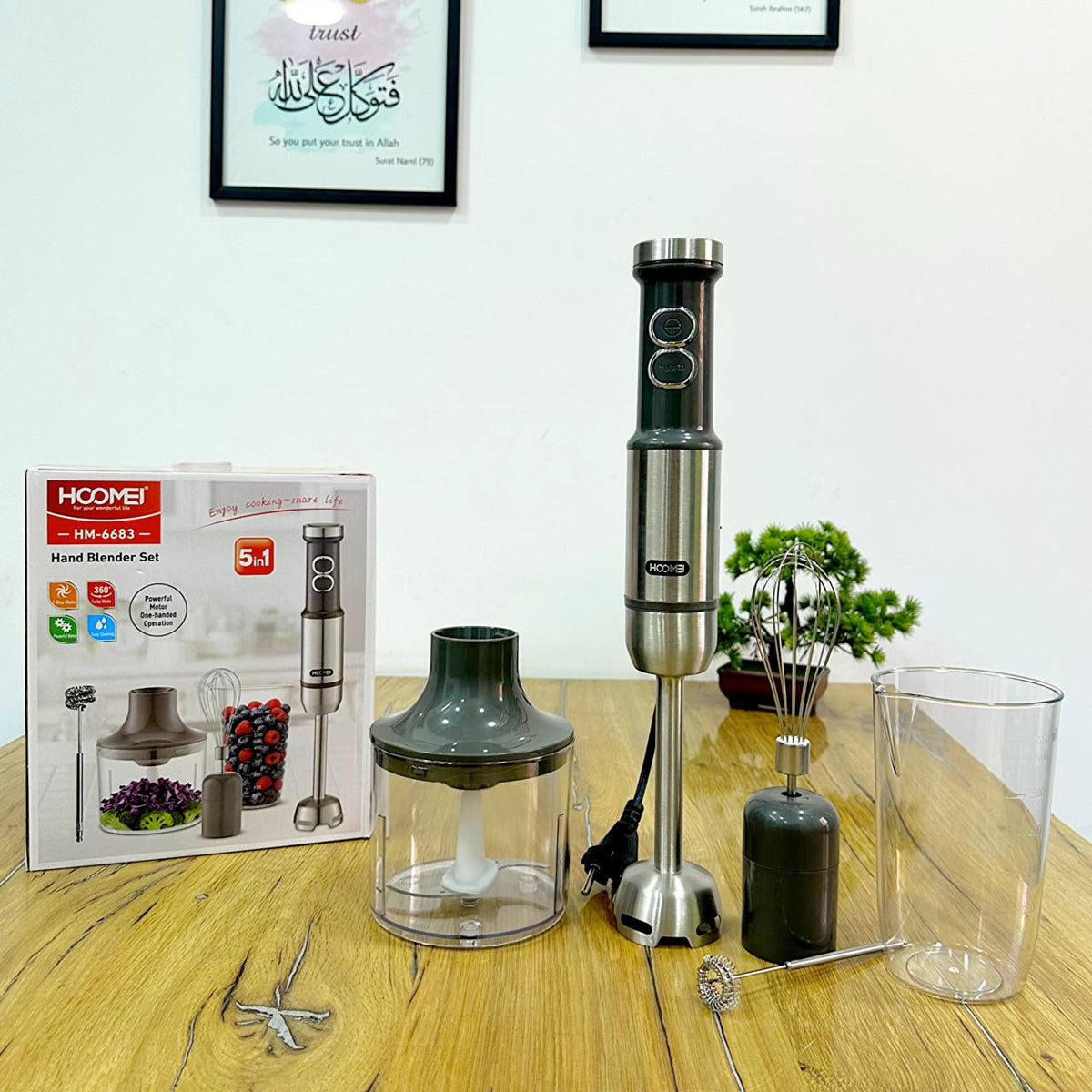 HOOMEI 5-in-1 Hand Blender Set 1000W with 650ML Blender Jar, Chopper, Coffee attachment & Whisker